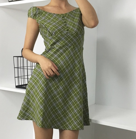 Versatile Off the Shoulder Button Checkered Skirt Women Summer Dress Vacation Date Dress D2101