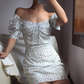 Popular Square Neckline Pleated Lace Up Floral Short Skirt Women Summer Dress Vacation Date Dress D2103