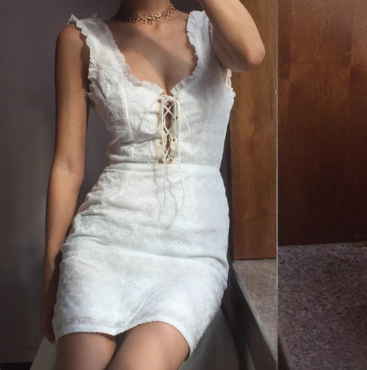 Versatile Pleated Lace Up Short Skirt Women Teenage Girl Summer Dress Vacation Date Dress D2104