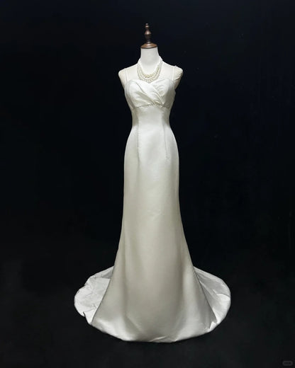 Elegant Spaghetti Straps Pleated Satin Floor Length Prom Dress Evening Dress Birthday Party Dress  D2116