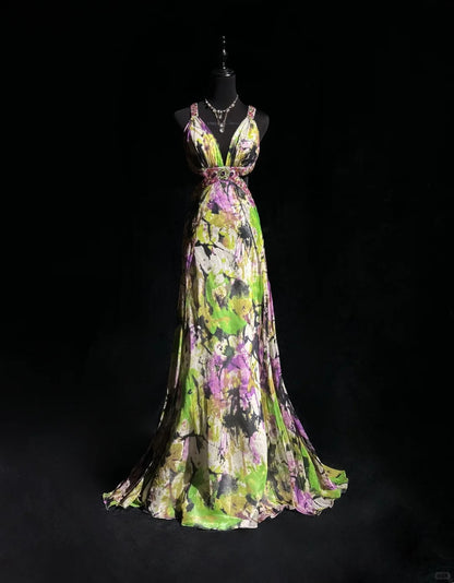 Beauty Spaghetti Straps Print Floral Backless Mermaid Prom Dress Evening Dress   D2118