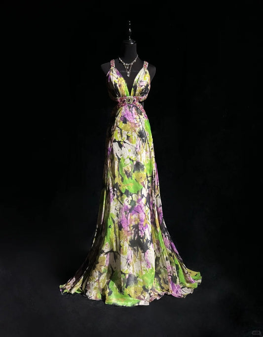 Beauty Spaghetti Straps Print Floral Backless Mermaid Prom Dress Evening Dress   D2118