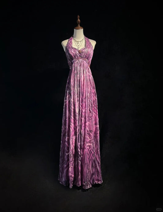 Elegant Halter Pleated Print Backless Prom Dress Evening Dress Party Dress   D2120
