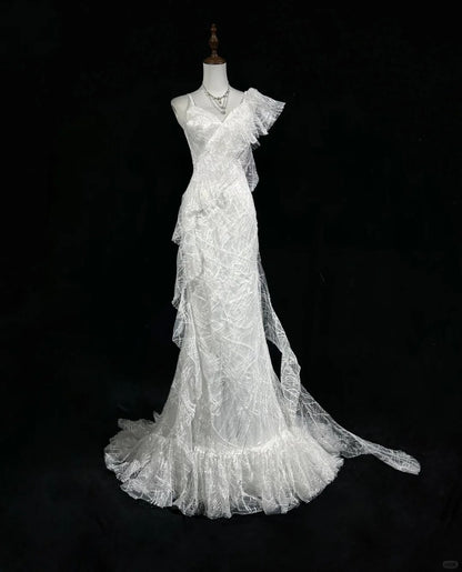 Elegant Asymmetrical Neckline Ruffle Pleated Floor Length Prom Dress Wedding Dress Evening Dress Party Dress   D2123