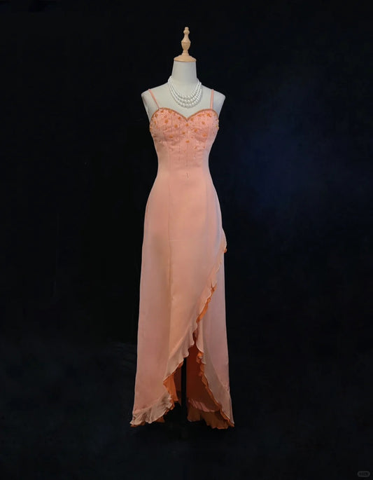 Beauty Spaghetti Straps Beading Asymmetical Ruffle Hem Prom Dress Evening Dress Party Dress   D2127
