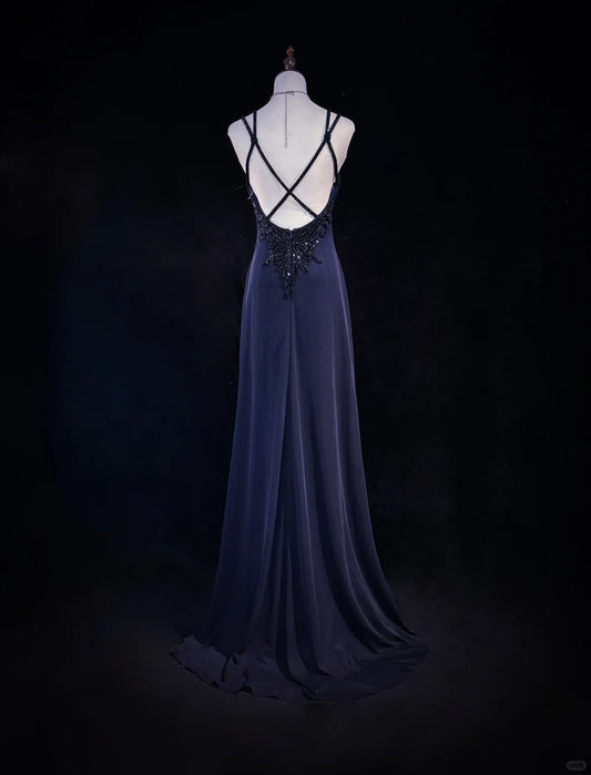 Sexy Spaghetti Straps Appliques Pleated Backless Floor Length Prom Dress Evening Dress Birthday Dress   D2130
