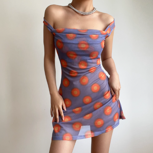 Retro Off the Shoulder Print Short Skirt Wommen Teenage Girl Summer Dress Date Dress D2134