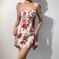 Retro Spaghetti Straps Print Flower Short Skirt Wommen Teenage Girl Summer Vacation Dress D2135