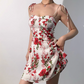 Retro Spaghetti Straps Print Flower Short Skirt Wommen Teenage Girl Summer Vacation Dress D2135