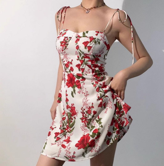 Retro Spaghetti Straps Print Flower Short Skirt Wommen Teenage Girl Summer Vacation Dress D2135