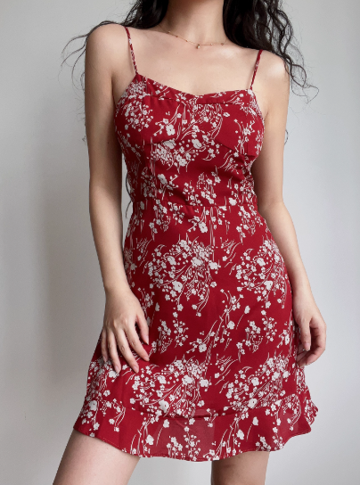 Retro A Line Spaghetti Straps Print Flower Short Skirt Wommen Teenage Girl Summer Date Dress D2136
