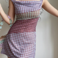 Retro Off the Shoulder Checkered Short Skirt Wommen Teenage Girl Summer Date Dress D2137