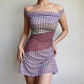 Retro Off the Shoulder Checkered Short Skirt Wommen Teenage Girl Summer Date Dress D2137