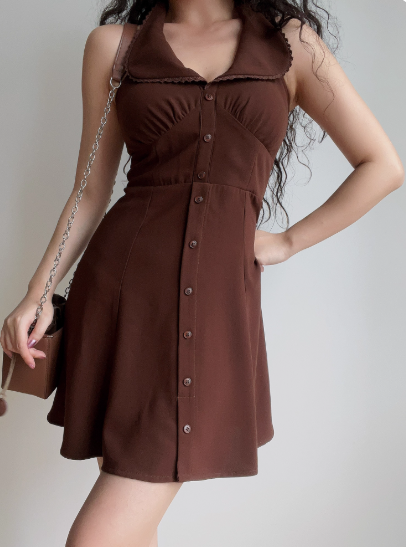 Retro A Line Halter Buttons Short Skirt Wommen Teenage Girl Summer Casual Dress D2138