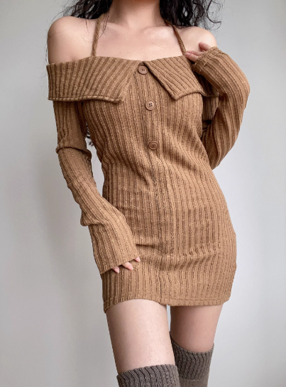 Sexy Off the Shoulder Long Sleeves Buttons Short Skirt Wommen Teenage Girl Casual Dress D2139