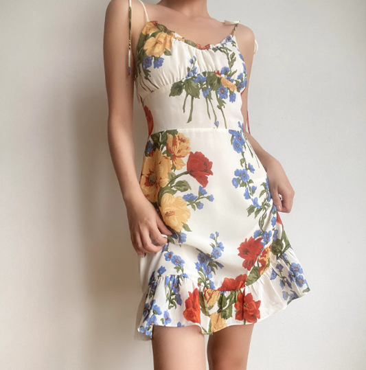 Retro Spaghetti Straps Print Ruffle Short Skirt Wommen Teenage Girl Summer Vacation Dress D2140