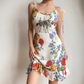 Retro Spaghetti Straps Print Ruffle Short Skirt Wommen Teenage Girl Summer Vacation Dress D2140