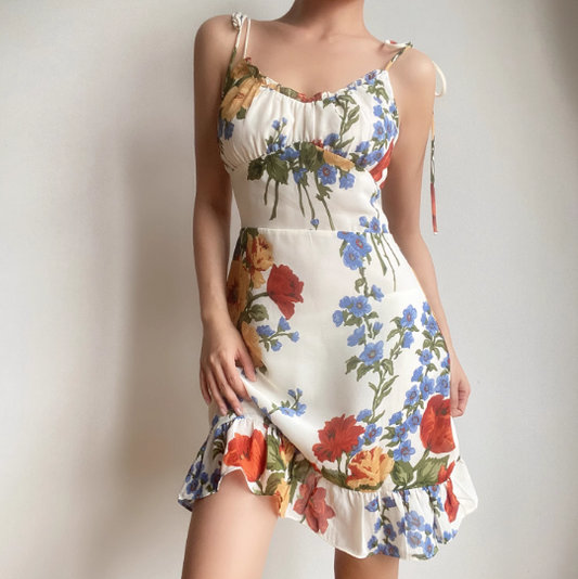 Retro Spaghetti Straps Print Ruffle Short Skirt Wommen Teenage Girl Summer Vacation Dress D2140