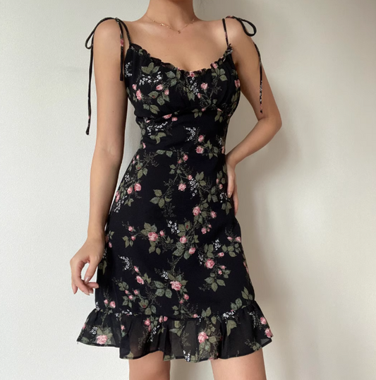 Vintage Spaghetti Straps Ruffle Print Short Skirt Wommen Teenage Girl Summer Saside Dress D2141
