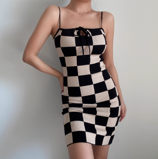 Sexy Spaghetti Straps Checkered Short Fitted Skirt Wommen Teenage Girl Summer Date Dress D2143