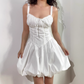 Sweet Spaghetti Straps Lace up Pleated Short Dress Women Teenage Girl Date Dress D2145