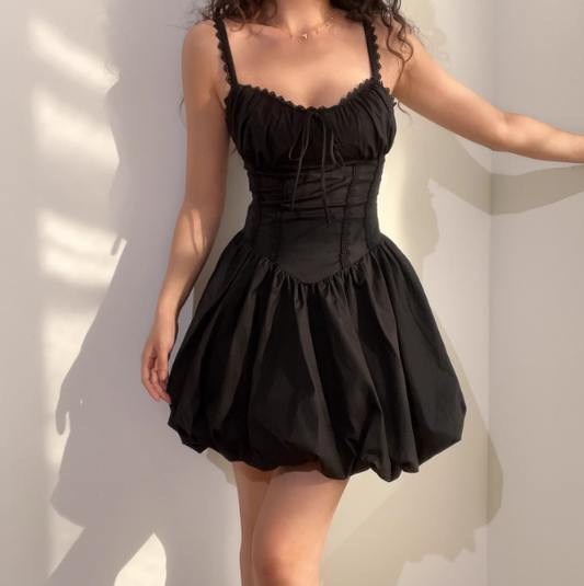 Sweet Spaghetti Straps Lace up Pleated Short Dress Women Teenage Girl Date Dress D2145