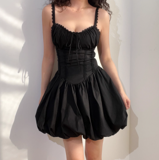 Sweet Spaghetti Straps Lace up Pleated Short Dress Women Teenage Girl Date Dress D2145