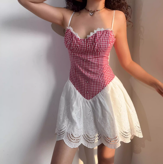 Sweet A Line Spaghetti Straps Checkered Short Skirt Women Teenage Girl Summer Vacation Dress D2148