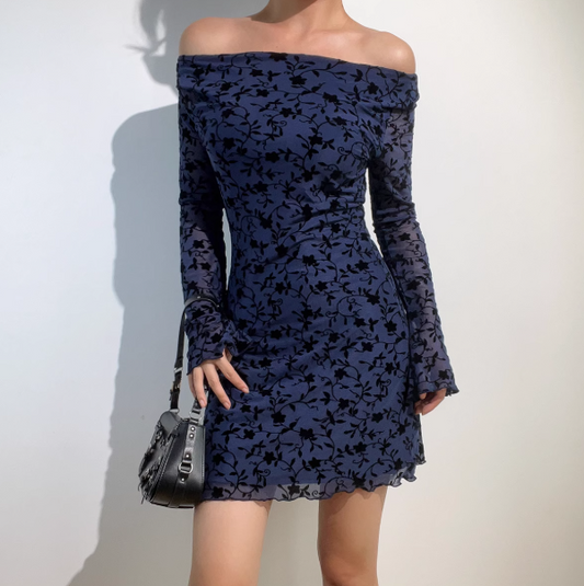 Retro Off the Shoulder Print Long Sleeves Short Skirt Women Teenage Girl Summer Date Dress D2149