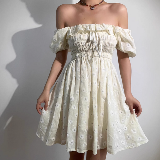 Retro Off the Shoulder Puff Sleeves Flower Short Skirt Women Teenage Girl Summer Date Dress D2150