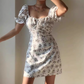 Retro Off the Shoulder Lace up Floral Short Skirt Women Teenage Girl Summer Date Dress D2151