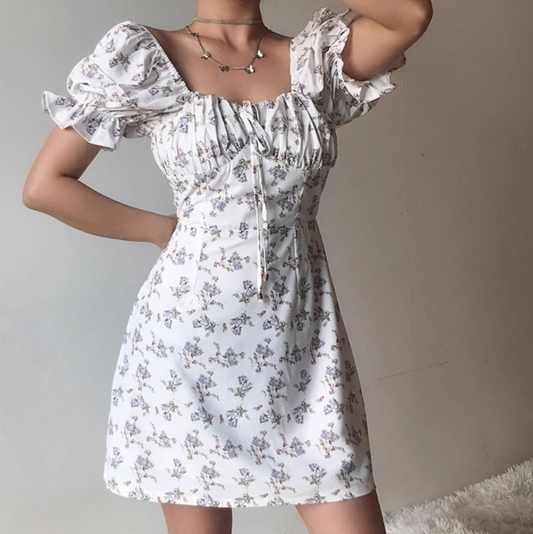 Retro Off the Shoulder Lace up Floral Short Skirt Women Teenage Girl Summer Date Dress D2151