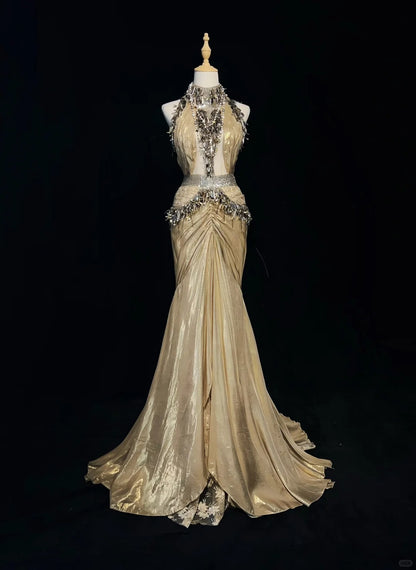 Shiny High Collar Sequins Pleated Floor Length Gown Prom Dress Evening Dress Gala Dress D2158
