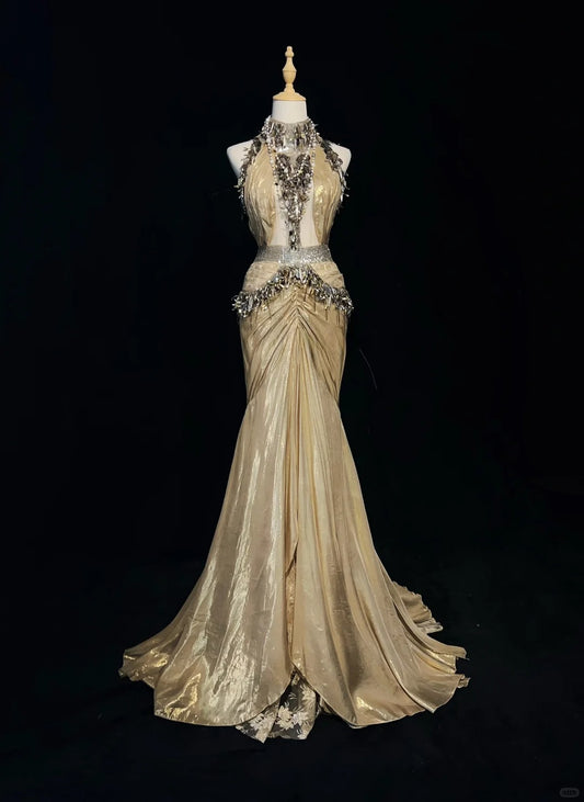 Shiny High Collar Sequins Pleated Floor Length Gown Prom Dress Evening Dress Gala Dress D2158