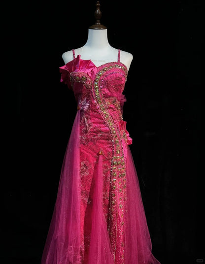 Gorgeous Spaghetti Straps Crystal Sequins Tulle Floor Length Gown Prom Dress Evening Dress  D2159
