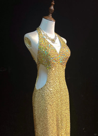 Robe de bal plissée à paillettes et cristaux brillants, col licou, robe de soirée, robe de gala D2160