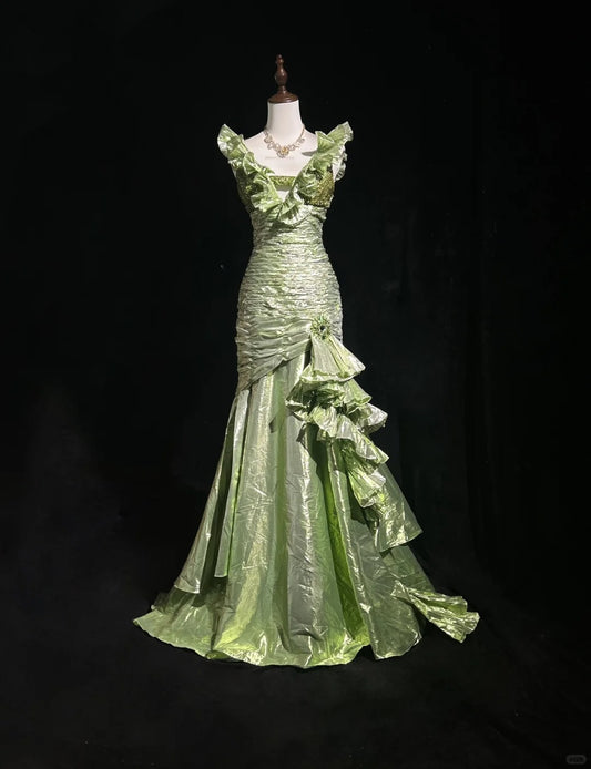 Beauty Ruffle Sequins Pleated Floor Length Prom Dress Evening Dress Gala Dress   D2163
