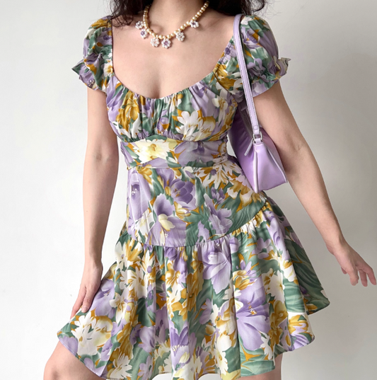 Pretty Square Neck Print Pleated Short Date Skirt Women Teenage Girl Summer Vacation Dress   D2171