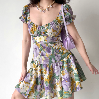Pretty Square Neck Print Pleated Short Date Skirt Women Teenage Girl Summer Vacation Dress   D2171