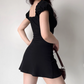 Casual Black Square Neck Lace-up Ruffle Short Date Skirt Women Teenage Girl Summer Vacation Dress   D2172