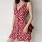 Retro A Line V-neck Buttons Print Floral Short Skirt Women Teenage Girl Summer Vacation Dress   D2176