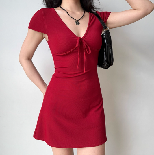Minimalist V-neck Fitted Short Date Skirt Women Teenage Girl Summer Vacation Dress   D2175