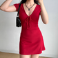 Minimalist V-neck Fitted Short Date Skirt Women Teenage Girl Summer Vacation Dress   D2175