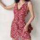 Retro A Line V-neck Buttons Print Floral Short Skirt Women Teenage Girl Summer Vacation Dress   D2176