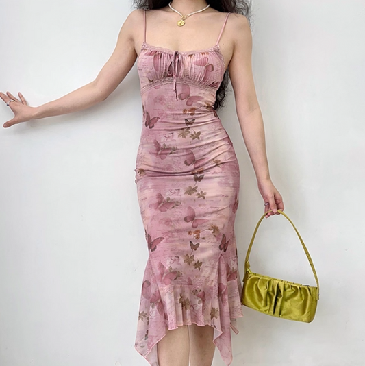 Beauty Spaghetti Straps Asymmetrical Hem Print Butterfly Skirt Women Teenage Girl Summer Date Dress Vacation Dress   D2179