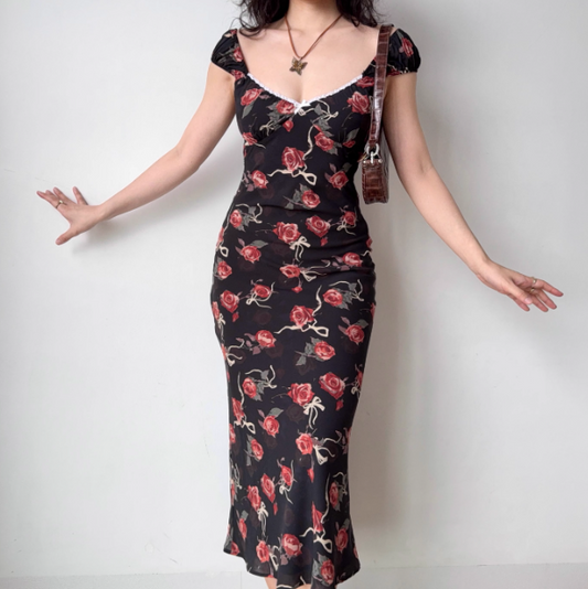 Vacation Print Rose Fitted Skirt Women Teenage Girl Summer Date Dress Seaside Dress   D2179