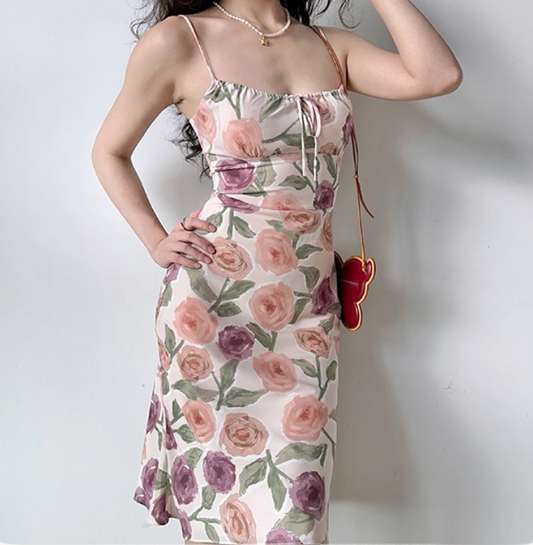 Retro Spaghetti Straps Print Flower Women Teenage Girl Summer Date Dress Seaside Dress   D2181