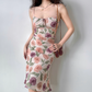Retro Spaghetti Straps Print Flower Women Teenage Girl Summer Date Dress Seaside Dress   D2181