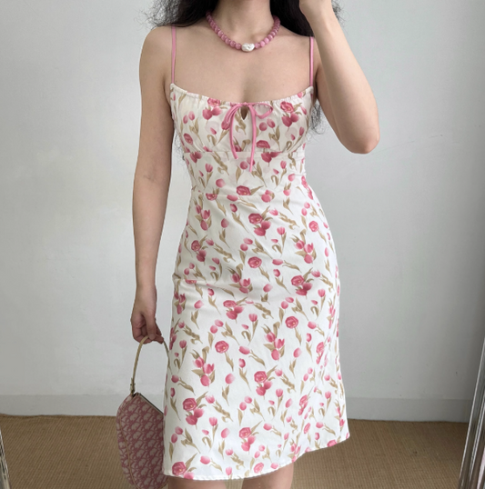 Cute A Line Spaghetti Straps Lace up Print Women Teenage Girl Summer Date Dress Seaside Dress   D2183