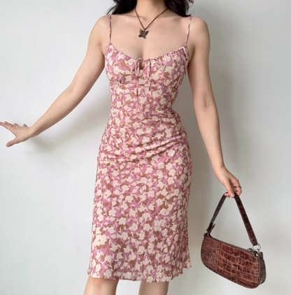 Retro Spaghetti Straps Print Lace up Women Teenage Girl Summer Date Dress Vacation Dress  D2184